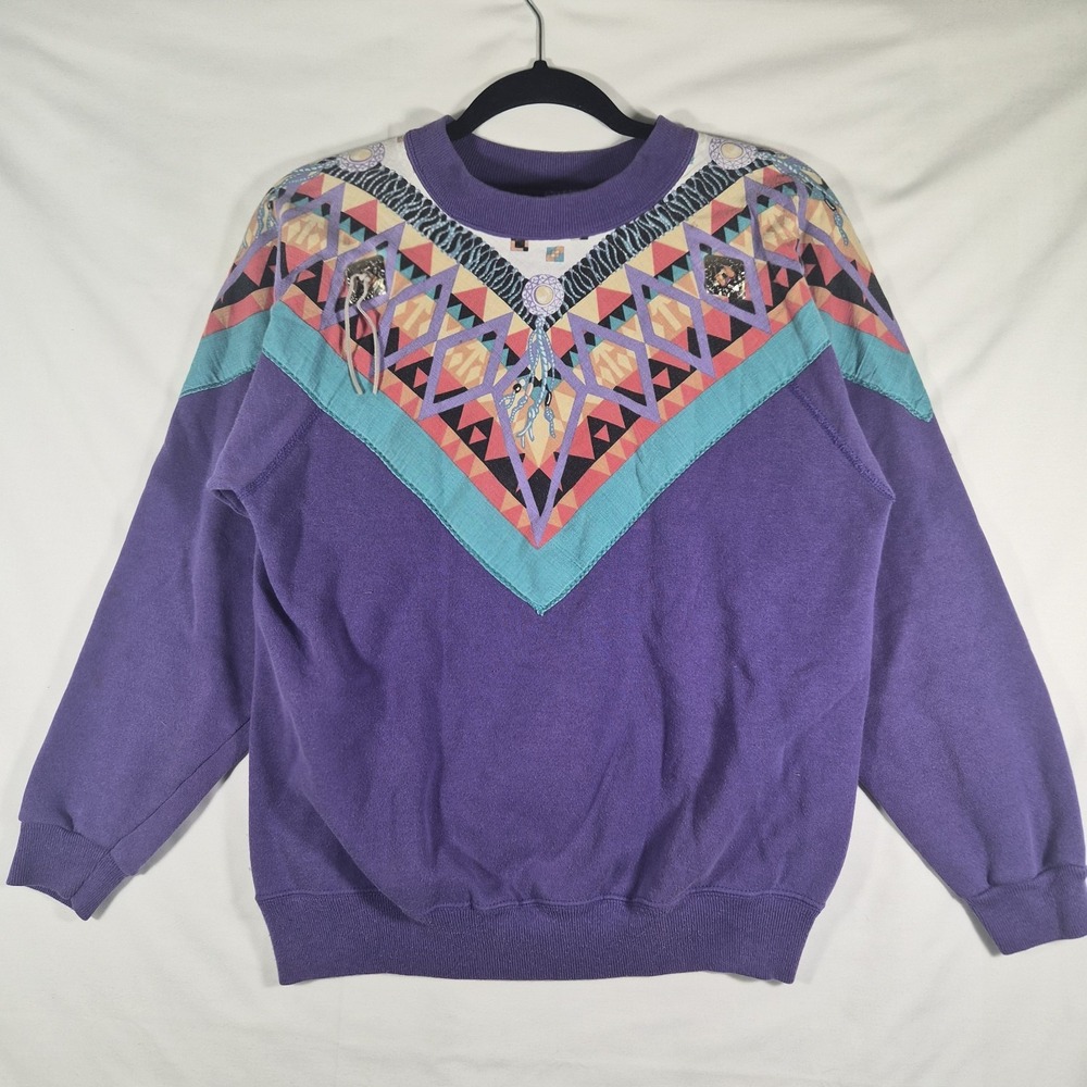 Rare Vintage 90s Hanes Purple Southwest Sweatshirt Large Native Western USA